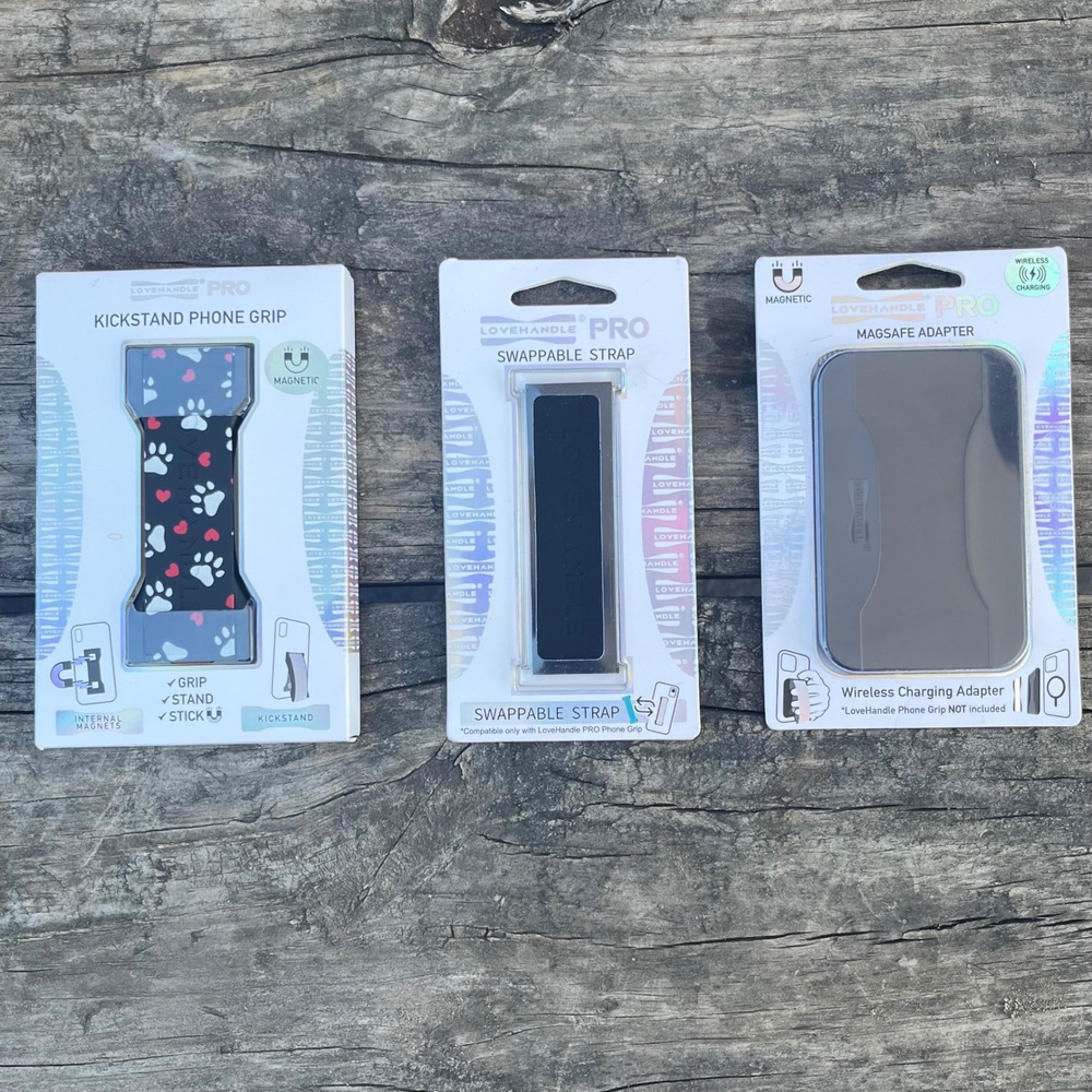 LoveHandle PRO Phone Grip Bundle OS Black Kickstand MagSafe Adapter Paw Primt